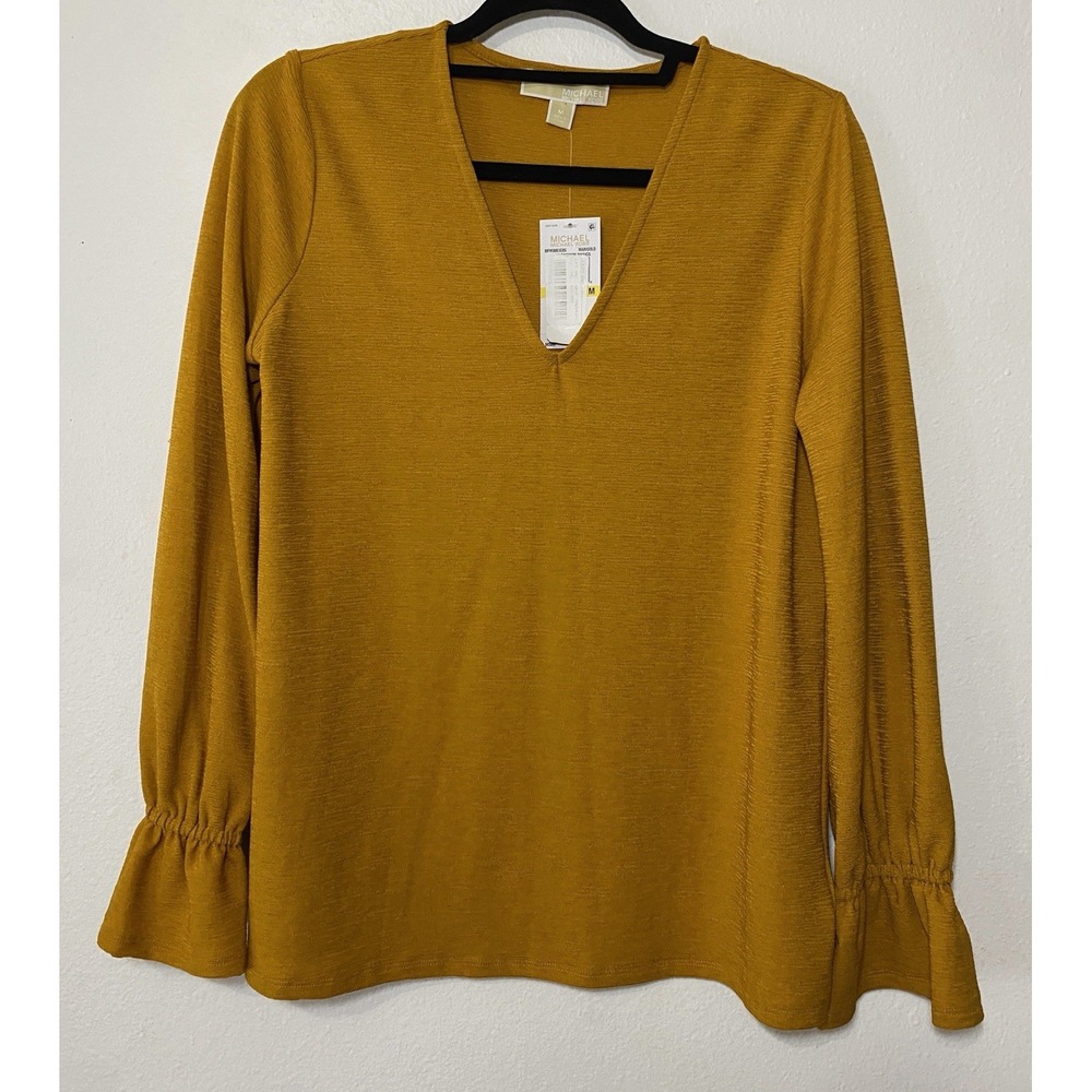 Michael Kors Women's Medium, Marigold Knit V-Neck Blouse, Ruffle Long Sleeve